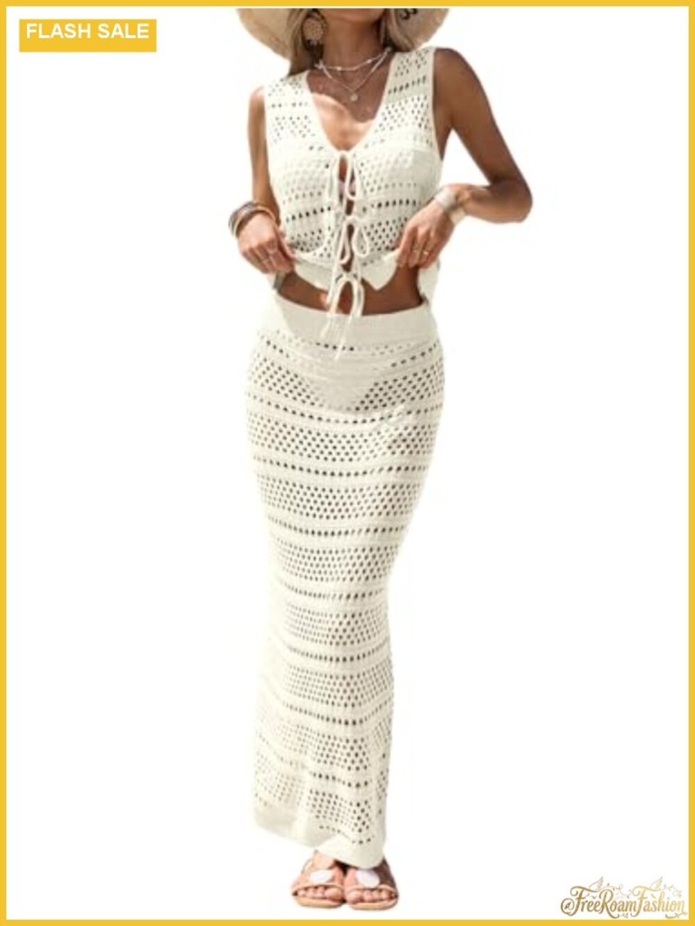 Crochet Two Piece Skirt Set Sleeveless Swim Cover Up Crop Top Maxi Beach